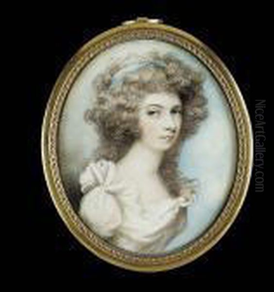 A Lady, Called Mrs Jenny Pigott,
Wearing White Dress With Frilled Collar And Blue Bandeau In Her
Powdered Hair - view 1