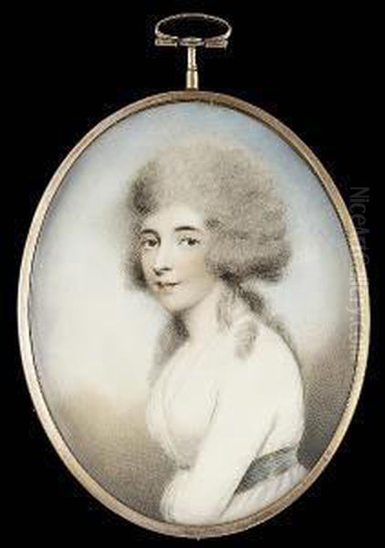 A Lady, Wearing White Dress, 
With Grey-blue Waistband, Her Left Arm Across Her Stomach, Her Hair 
Powdered And Falling Over Her Shoulders - view 1