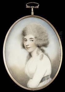 A Lady, Wearing White Dress, 
With Grey-blue Waistband, Her Left Arm Across Her Stomach, Her Hair 
Powdered And Falling Over Her Shoulders