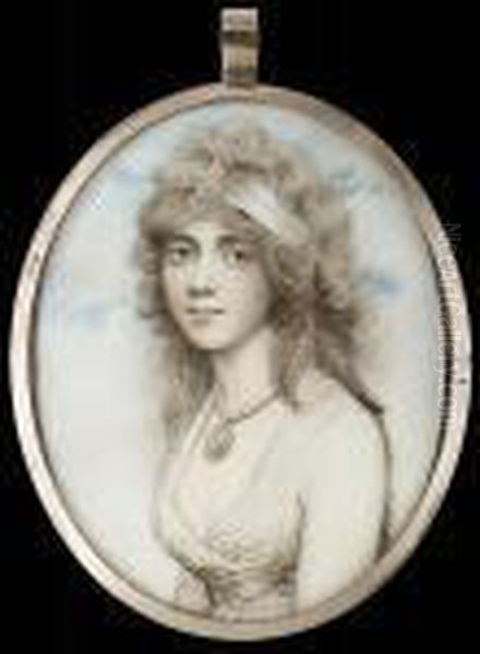 A Lady, Wearing White Dress,
Bandeau In Her Powdered Hair And Portrait Miniature Of A Gentleman On A
Pearl Necklace - view 1