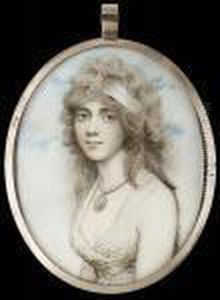 A Lady, Wearing White Dress, 
Bandeau In Her Powdered Hair And Portrait Miniature Of A Gentleman On A 
Pearl Necklace