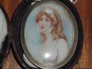 A Miniature Portrait Of A Lady, 
Wearing A White Bandeau Tied Beneath Her Chin And Decollete White Dress