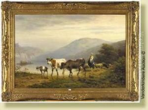Vachere Et Son Troupeau Au Bord De L'eau by Andre Plumot
