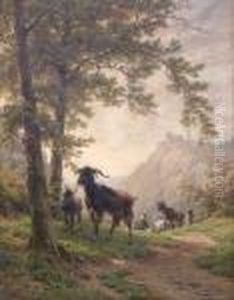 Bergere Au Repos Avec Des Chevres Dans Un Paysage Montagneux. by Andre Plumot