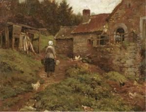 A Milkmaid Before A Farmstead by Andre Plumot