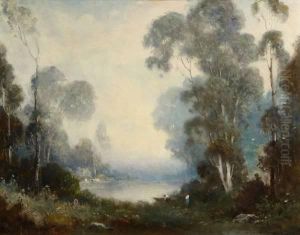Figures And Trees By A Misty Lake by Alexis Matthew Podchernikoff