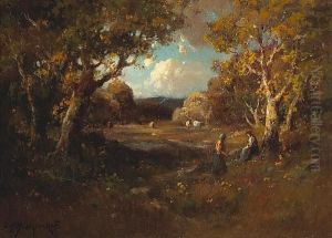 Two Figures Under Sheltering Trees With Cattle In A Clearing