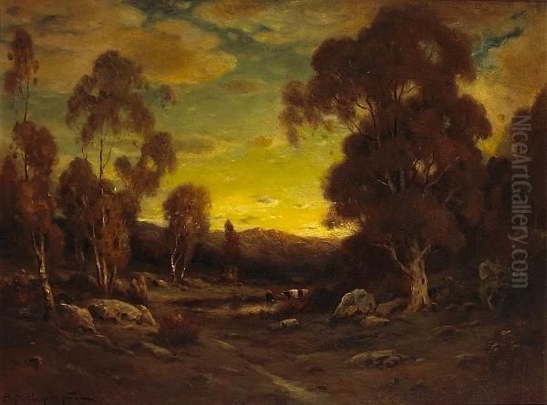 A Landscape At Dusk With Cattle Watering At A Pond - view 1
