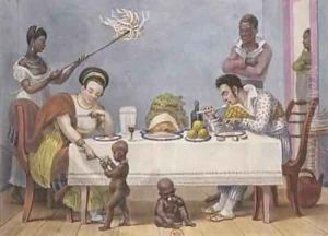 The Dinner a white couple being served and fanned by black slaves by Jean Baptiste Debret