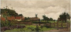 A Farmer At Work , Farmhouses Beyond by Geo Poggenbeek