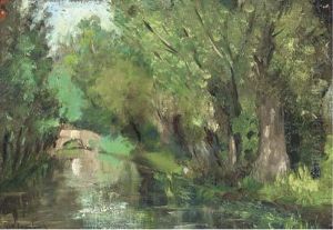A Wooded River Landscape by Geo Poggenbeek