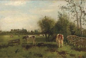 Cows In A Meadow In Spring, A Church Beyond by Geo Poggenbeek
