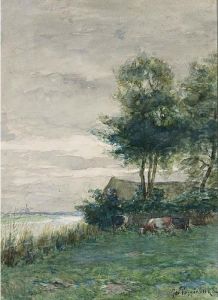 A Polder Landscape With Grazing Cows by Geo Poggenbeek