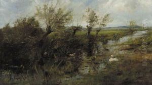 A Polder Landscape With Ducks On A Riverbank by Geo Poggenbeek