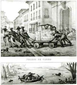 Negroes with a Cart and a Brazilian boat made from leather by Jean Baptiste Debret