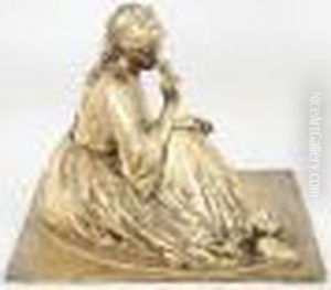 Jeune Femme A L'orientale Tenant Des Fleurs A La Main, Assise Sur Un Tapis Tresse Ovale.