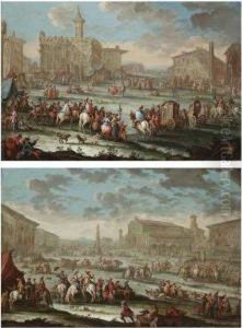 A Capriccio Of A Town With Elegant Figures Arriving On Horsebackand In Carriages