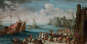 A Mediterranean Harbour With 
Stevedores And Other Figures On The Quay, Men'o-war And Other Shipping 
Beyond