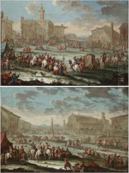 A Capriccio Of A Town With
Elegant Figures Arriving On Horseback And In Carriages, A Couple Dancing
In The Centre Of The Square - view 1