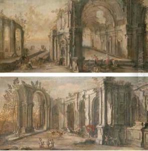 Washerwomen And Other Figures Among Architectural Ruins by Gherardo Poli