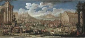An Architectural Capriccio With 
Elegant Company In Carriages And Other Figures Gathering Around A 
Commedia Dell'arte Performance, A Mountainous Coastline Beyond by Gherardo Poli