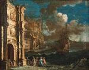 Capriccio Architettonico Di 
Rovine Antiche, Con Una Porta Diroccatadi Ordine Corinzio Ornata Da Vari
 Rilievi Marmorei, Presso Unacosta Mediterranea Con Astanti In Costumi 
Galanti Ed Un Velieroalla Fonda by Gherardo Poli