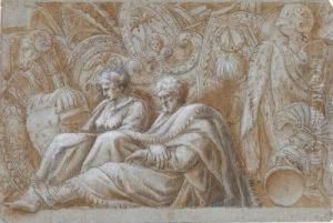 Design For A Decorative Frieze With Two Seated Figures by Polidoro Da Caravaggio (Caldara)