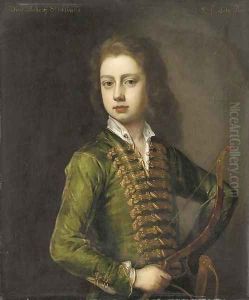 Portrait of a young gentleman, half-length, in a green coat, with gold frogging, holding a bow in his left hand by Michael Dahl