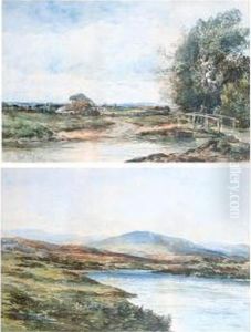 An Angler On A Bridge With A 
Cottage Beyond; A View Of A Lake With Mountains In The Distance