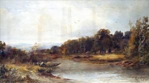 Autumn, Woodedriver Landscape With Figure And Ferry by Albert Pollitt