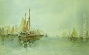 Fishing Boats Off A Coastal Town, Thought To Be Whitby by Albert Pollitt