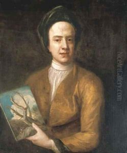 Portrait of an artist, identified as Joseph Goupy (c.1680-c.1770), half-length, holding a landscape painting in the style of Salvator Rosa Portrait of an artist, identified as Joseph Goupy (c.1680-c.1770), half-length, holding a landscape painting in the style of Salvator Rosa