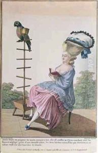 Young woman reading in a day dress with an elaborate hairstyle and bonnet by Claude Louis Desrais