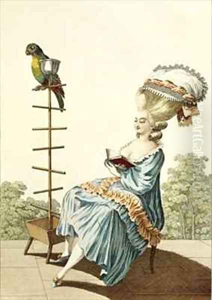 Young woman reading in a day dress with an elaborate hairstyle and bonnet 2 - view 1