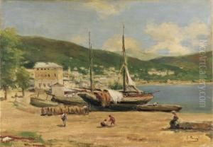 Porto Sul Lago Con Figure by Silvio Poma
