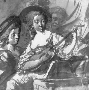 A woman playing a lute with attendants by Claude Louis Desrais