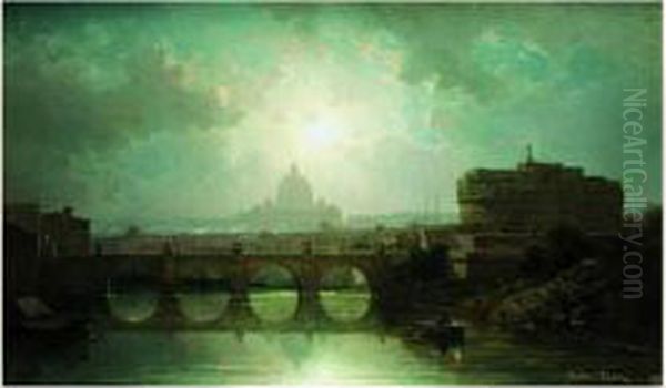 Clair De Lune Sur Le Tibre Avec Le Chateau Saint Ange Et Saint Pierre De Rome - view 1