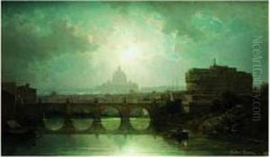 Clair De Lune Sur Le Tibre Avec Le Chateau Saint Ange Et Saint Pierre De Rome by Antoine Ponthus-Cinier