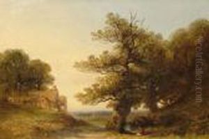 Figures Camped Beneath An Old Oak Tree With Acottage by James Poole