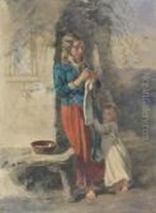 Mother And Daughter By A Cottage by Paul Falconer Poole