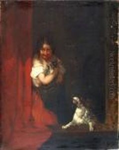 A Girl At A Window With Cat And Dog by Paul Falconer Poole