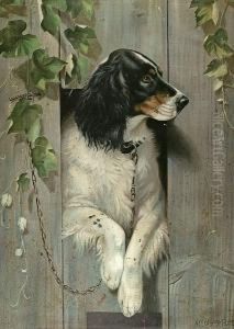 Dog Looking Through A Fence Chromolithograph On Tin