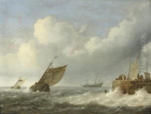 Sailing Vessels In Choppy Waters With Figures On A Quaynearby