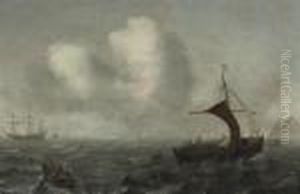 A 'wijdschip', A Rowing Boat And Other Shipping In Rough Waters by Jan Porcellis