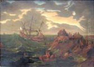 Dutch Coastal Scene Figures, Skiff And Striken Vessel