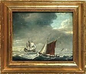Two Marines With Sailing Ships On Open Sea by Jan Porcellis