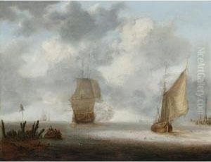A Calm Sea With A Man Of War And A Fishing Boat by Jan Porcellis
