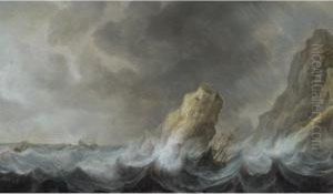 A Coastal Scene With A Ship Caught In Stormy Seas by Jan Porcellis