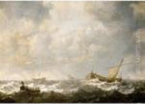A Rowing Boat, A Small Sailing Vessel And Other Ships In Heavy Seas by Jan Porcellis