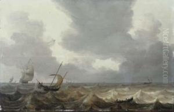 A Fishing Boat And A Rowing Boat In Choppy Waters, A Dutchthree-master In The Distance - view 1